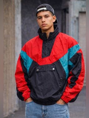 Vintage 90s Edelweiss Colorblock Windbreaker Pullover Jacket Men’s L Black Red